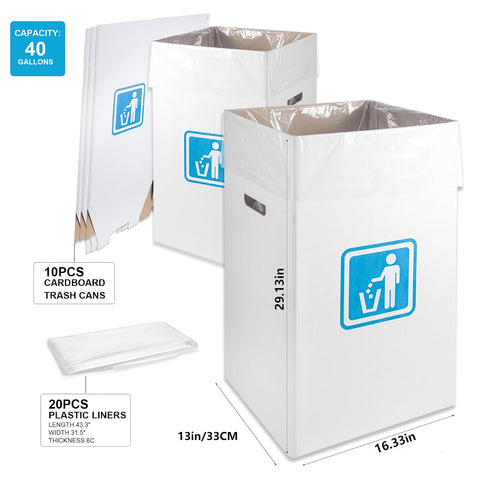 40 Gallon Cardboard Trash cans for Events (Pack of 10)， with 20 Liners Included，Be applicableOutdoor Events pop up Trash cans for Parties，Reusable Portable Garbage Can，in-Home Recycling Bins