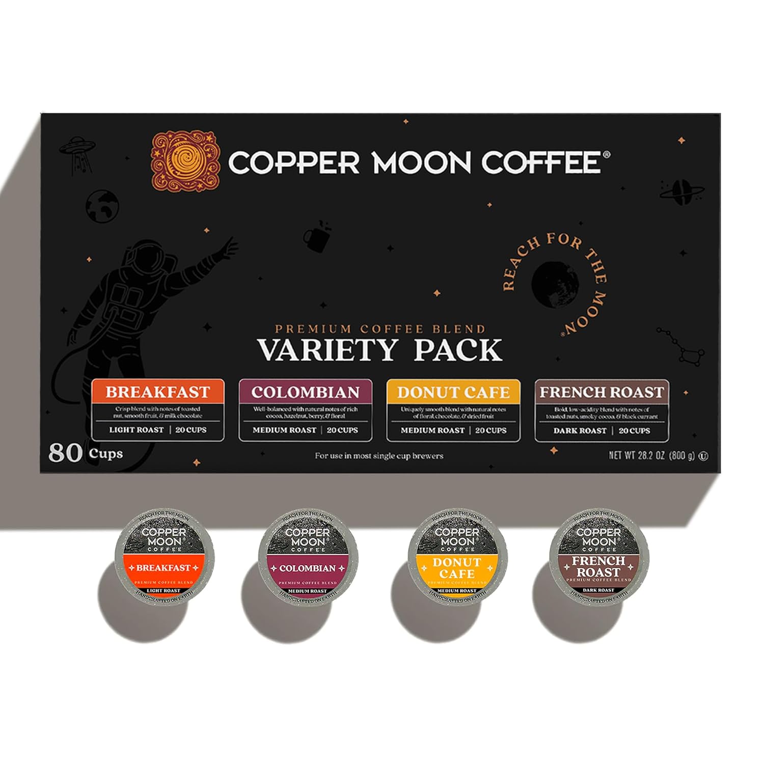 Copper Moon K-Cup Coffee Pods, Light Medium & Dark Variety Pack, 80 Count | Variety Pack Includes 20 Breakfast, 20 Colombian, 20 Donut Café, 20 French Roast, Compatible with Keurig K Cup Brewers