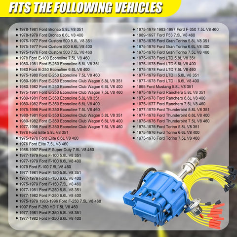 MAS Performance HEI Ignition Distributor w/Cap & Rotor and Spark plug Wire set Compatible with Ford 351C 351M 400 429 460 HEI 65,000 Volt Coil KA-1046013 PE332U JM6506BL 351CBLHEI0(Blue HEI Kit)
