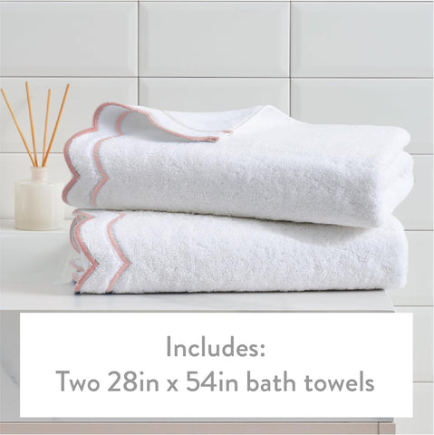 Peri Home 2 Piece Cotton Bath Towel Set, Embroidered, White, Blush Scallop