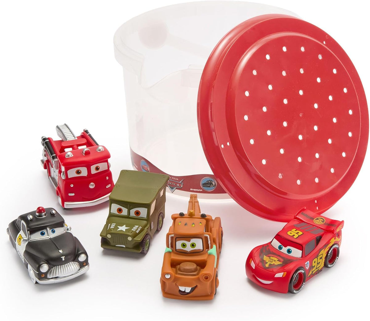 Disney Store Official Pixar Cars Bath Toys Set - Includes 5 Detailed Toys with a Straining Storage Bucket - Bath Time Fun & Water Play Set for Kids
