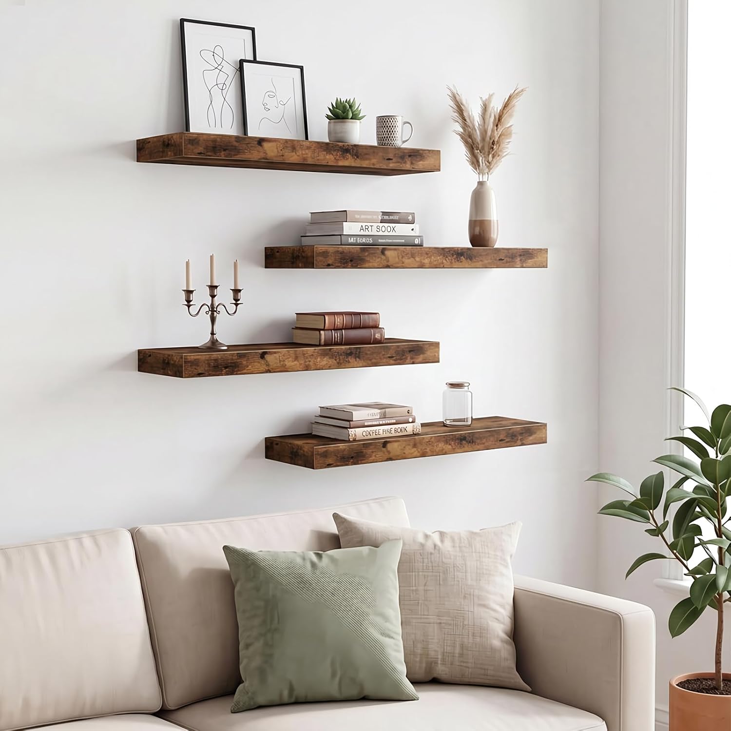 Fixwal Floating Shelves for Wall Decor (Rustic Brown, Set of 4, 15.7 Inch)
