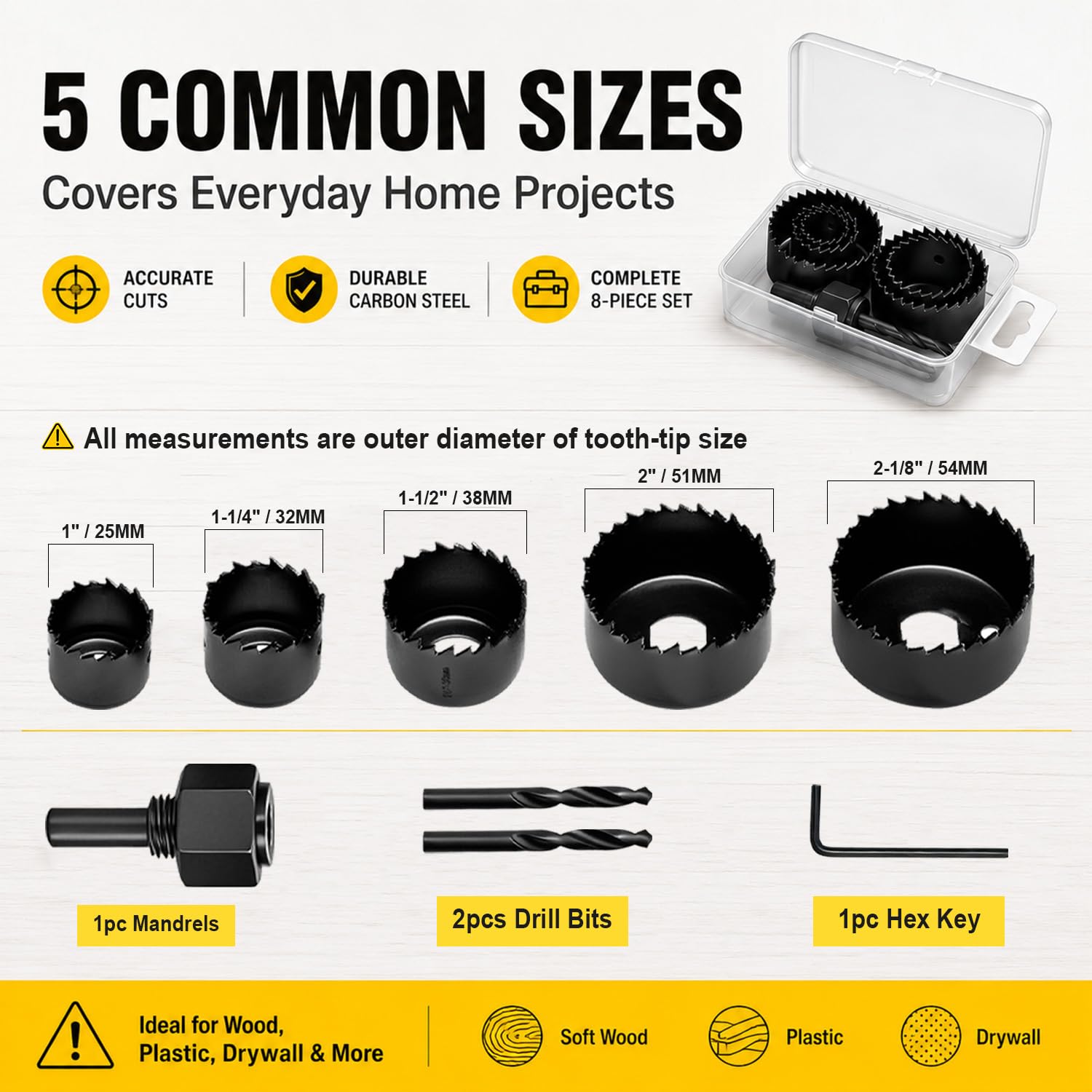 KATA 8PCS Hole Saw Kit 1" to 2-1/8" for Wood, Drywall, PVC, Plastic in Case