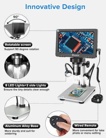 7'' Digital Microscope 1200X,Dcorn 12MP 1080P Photo/Video Microscope for Adults Soldering Coins,Metal Stand,Wired Remote,10 LED Fill Lights,PC View,Windows/Mac Compatible