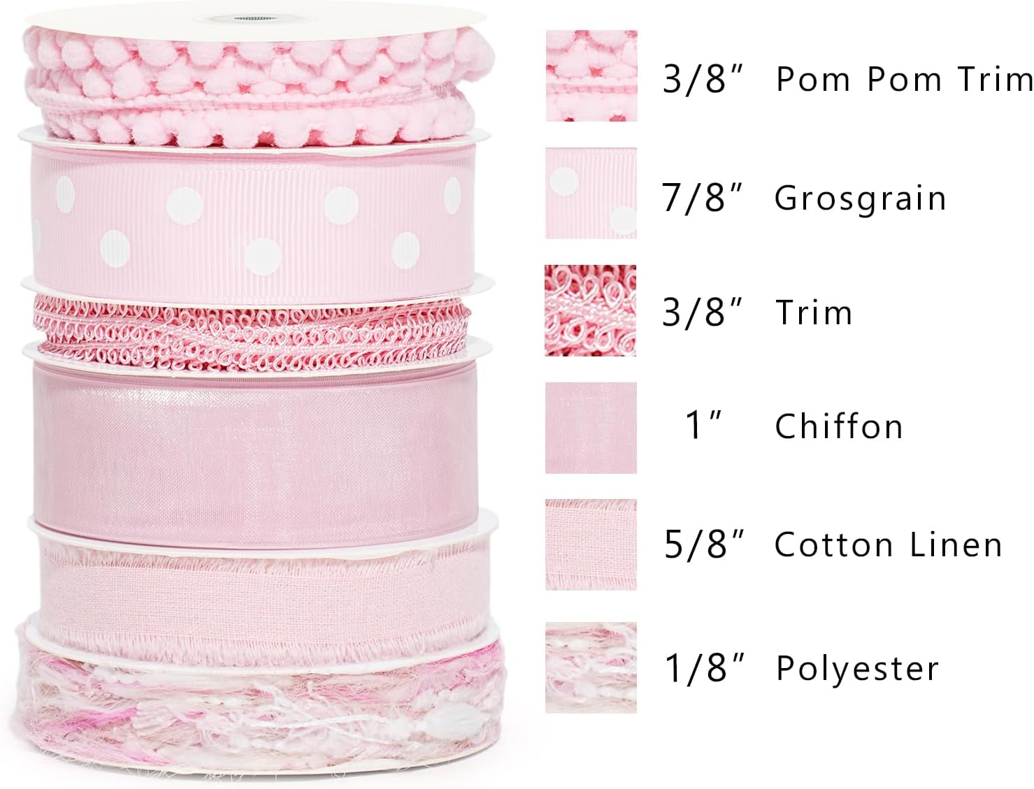 LaRibbons Pink Ribbons for Crafts 6 Rolls Baby Pink Ribbons