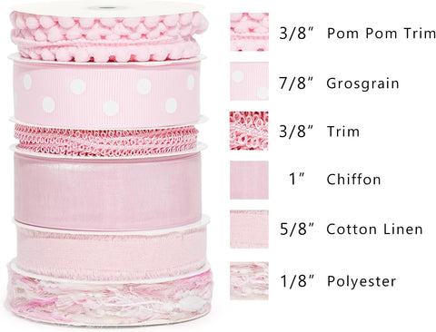 LaRibbons Pink Ribbons for Crafts 6 Rolls Baby Pink Ribbons