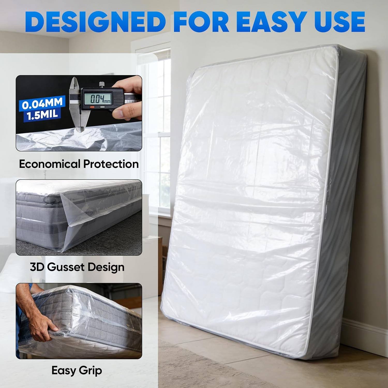 TICONN 2PK Plastic Mattress Bags for Moving, Waterproof Mattress Cover