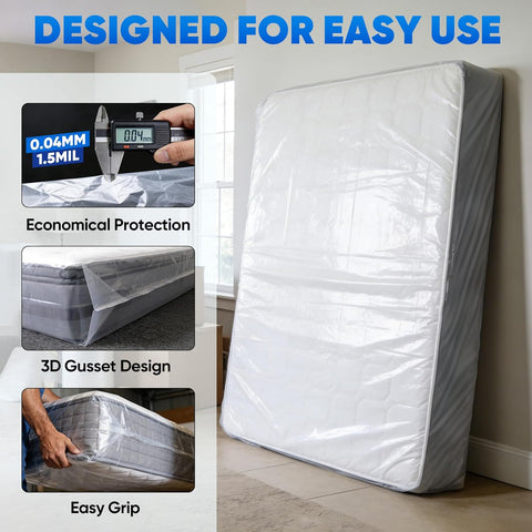 TICONN 2PK Plastic Mattress Bags for Moving, Waterproof Mattress Cover