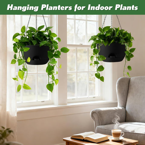 4-Piece Set of 8-Inch Hanging Planters with Automatic Watering System and Drip Tray, Includes Metal Chain, Suitable for Various Indoor and Outdoor Plants and Flowers,Pure Black