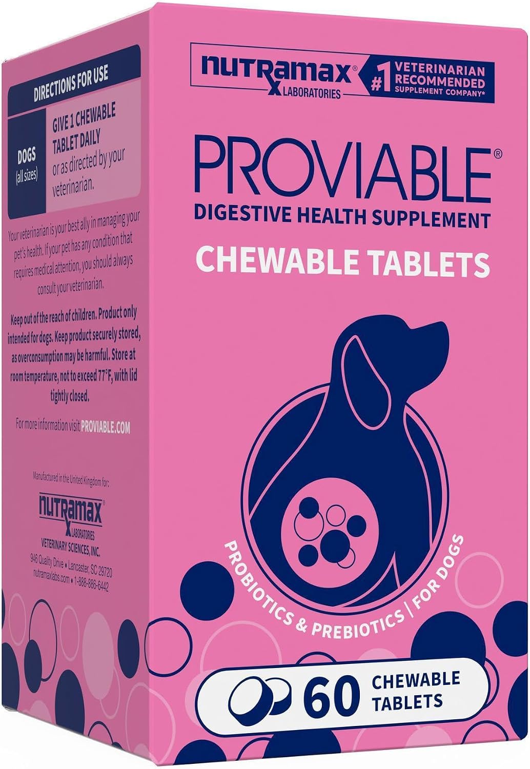 Nutramax Proviable Probiotics + Prebiotics for Dogs, Chewable Tablets, 60ct