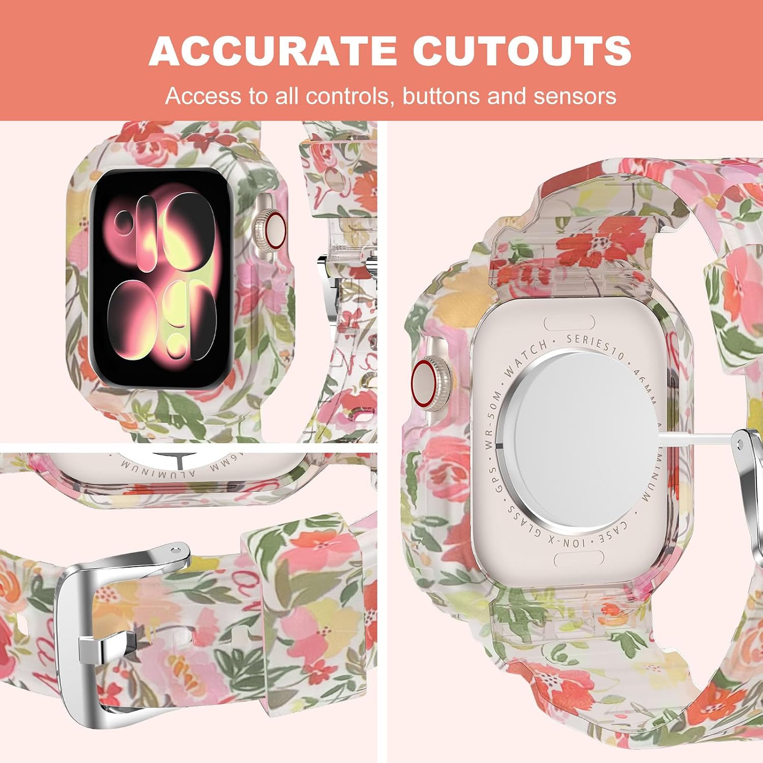 XYF Compatible for Crystal Clear Apple Watch Bands S11/10 42mm Floral Red