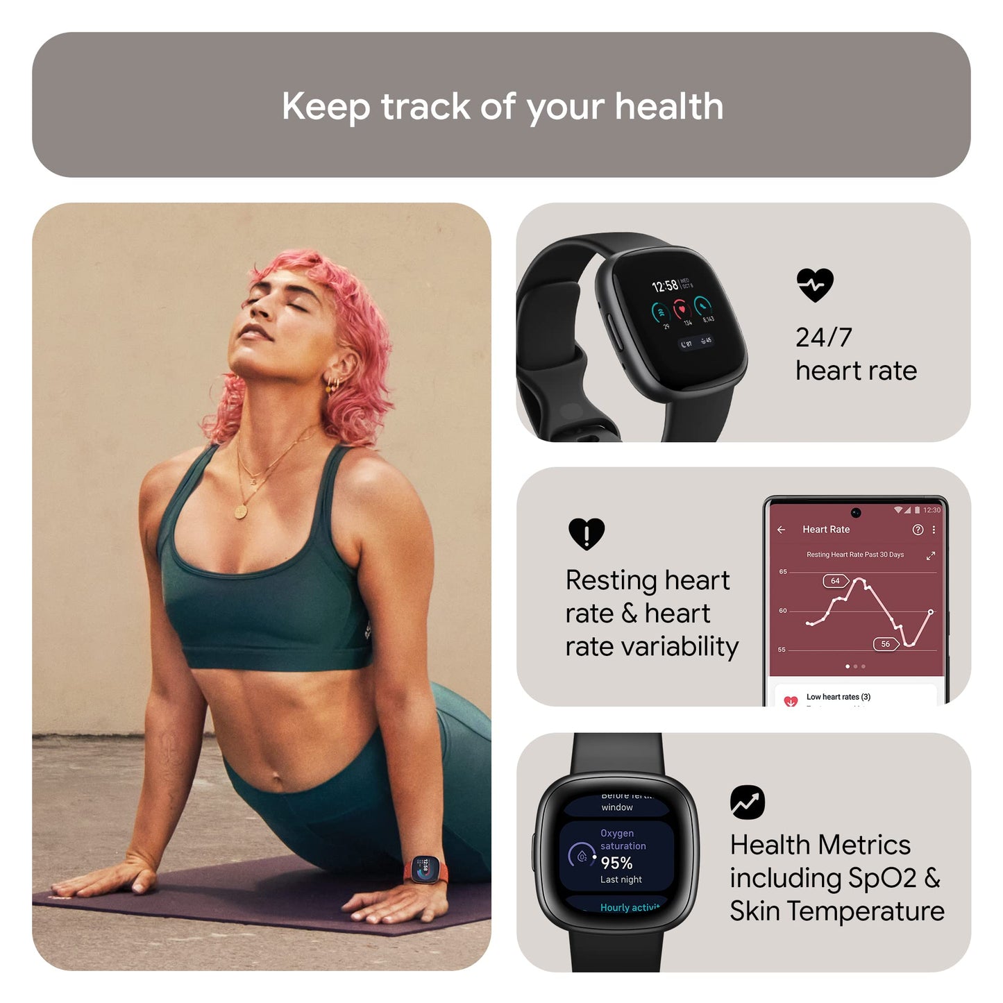 Fitbit Versa 4 Fitness Smartwatch with Daily Readiness, GPS, 24/7 Heart Rate, 40+ Exercise Modes, Sleep Tracking and more, Black/Graphite, One Size (S & L Bands Included)