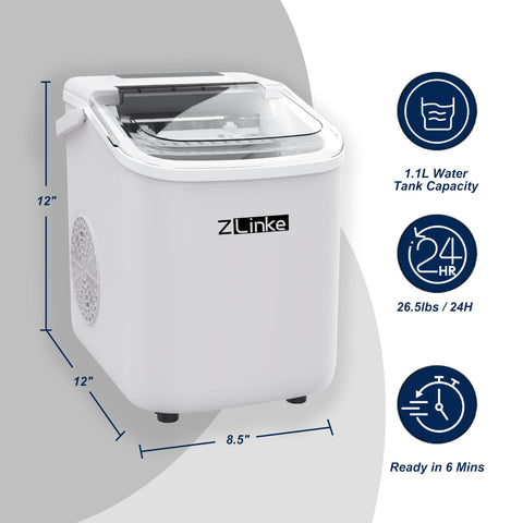 Countertop Ice Maker, Ice Maker Machine 6 Mins 9 Bullet Ice, 26.5lbs/24Hrs, Portable Ice Maker Machine with Self-Cleaning, Ice Scoop, and Basket （White）