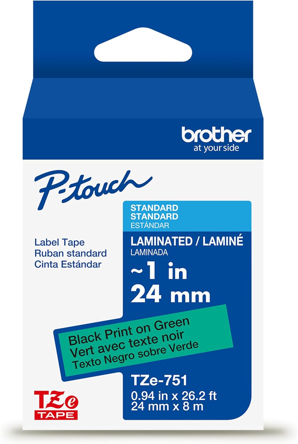 Brother Genuine P-Touch TZe Black Print on Green Label Tape (TZe751), Laminated, ~1in x 26.2ft (24mm x 8m), for Select P-Touch Label Makers, Durable, Water-Resistant, Indoor/Outdoor Use