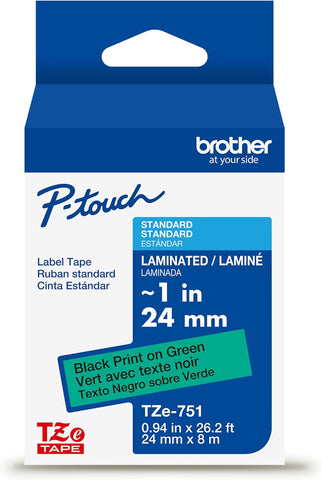 Brother Genuine P-Touch TZe Black Print on Green Label Tape (TZe751), Laminated, ~1in x 26.2ft (24mm x 8m), for Select P-Touch Label Makers, Durable, Water-Resistant, Indoor/Outdoor Use