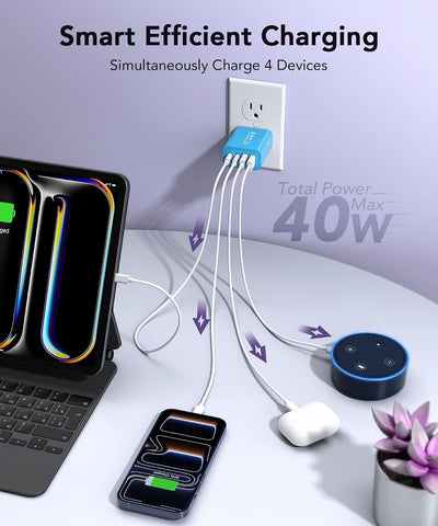 [2-Pack] 40W USB C Charger Block, 4-Port Type C Fast Charging Brick Dual PD&QC Wall Plug Adapter Power Brick for iPhone 13/14/15/16/17/Pro Max Plus/iPad/Airpods/iwatch/Samsung Galaxy (Light Blue)
