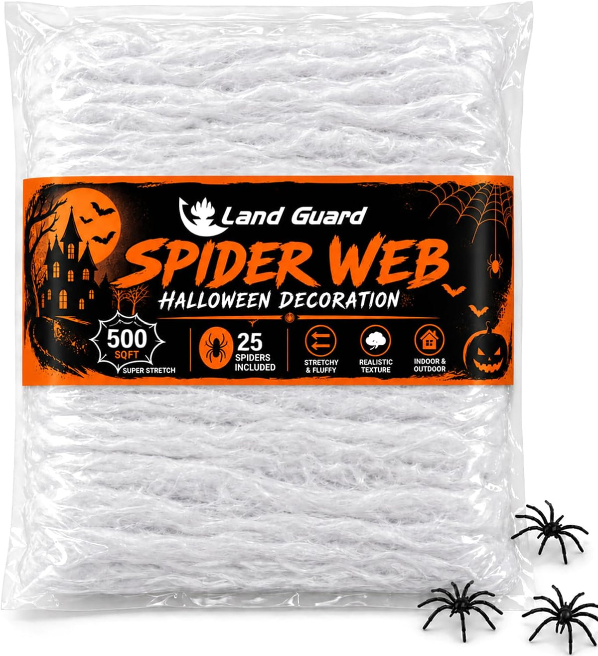 Land Guard 500 sqft Spider Web, Bonus with 25 Artificial Spiders, Fabric Spider Webbing, Cobweb Halloween Decor for Indoor and Outdoor Party Supplies
