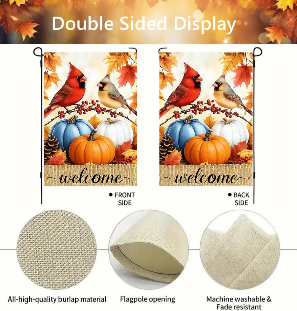 Welcome Fall Pumpkin Cardinal Garden Flags 12x18 Double Sided for Outside
