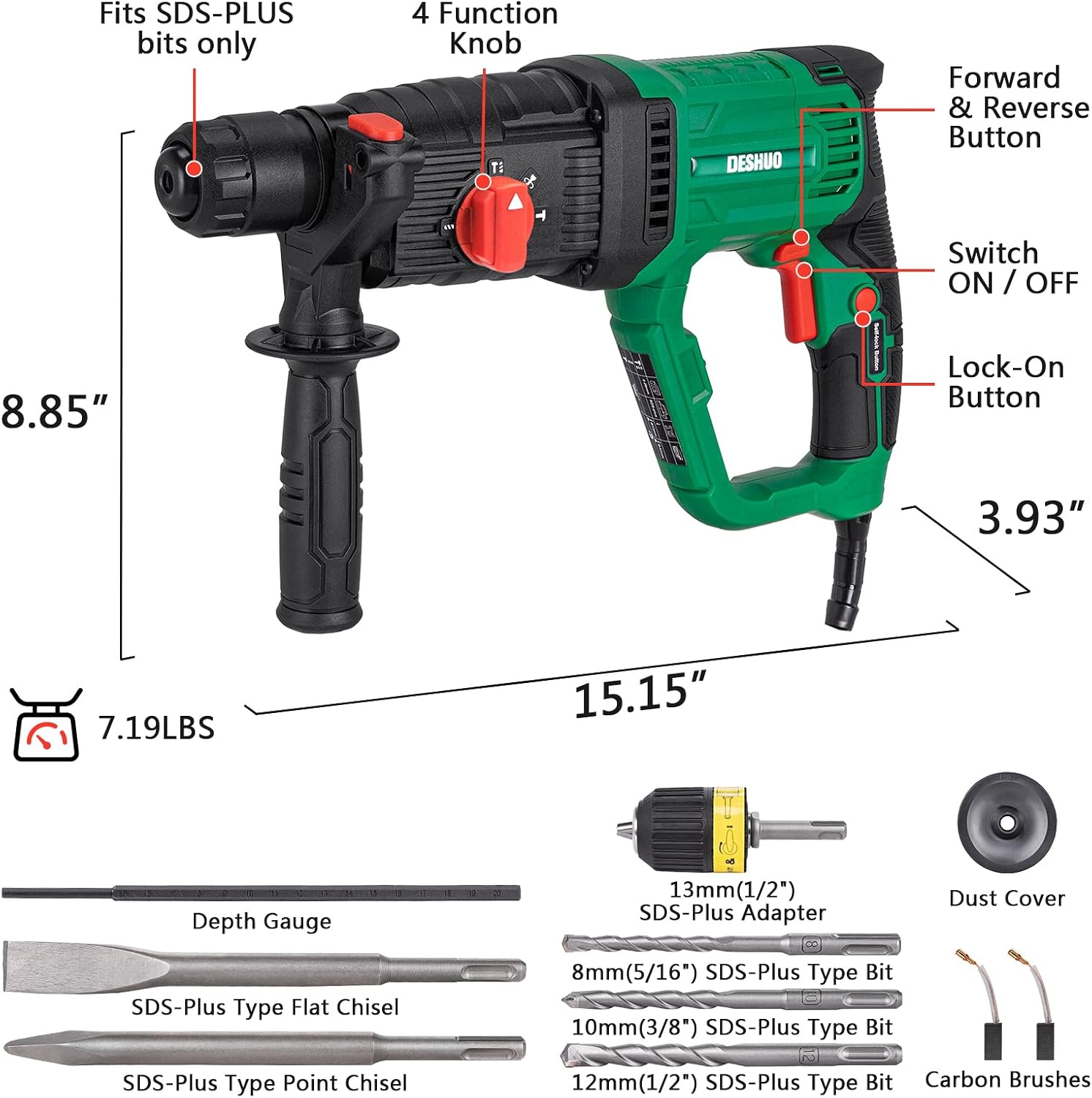 1" SDS-Plus Lightweight Concrete Rotary Hammer Drill w/ 1/2" Adapter