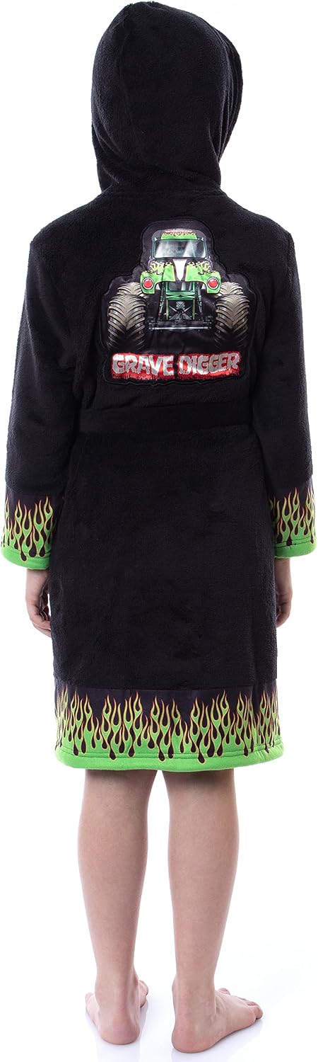 INTIMO Monster Jam Robe Toy Trucks Boys' Grave Digger Fleece Plush Hooded Bathrobe