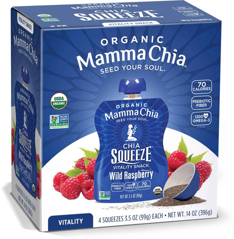 Mammachia Organic Chia Squeeze Vitality Snack, Wild Raspberry, No Added Sugar, Vegan Friendly, Kosher, USDA Certified Organic, Gluten Free & Non-GMO, 4 Count, 14 Ounce (Pack of 6)