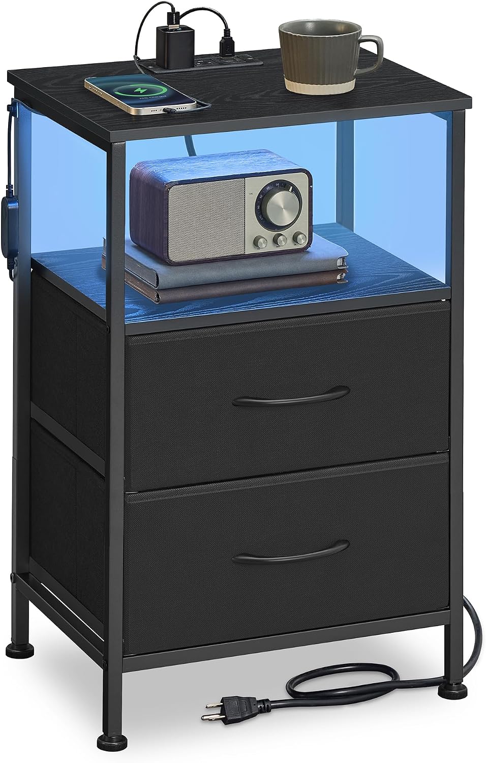 SONGMICS Nightstand with Charging Station, 2 Fabric Drawers