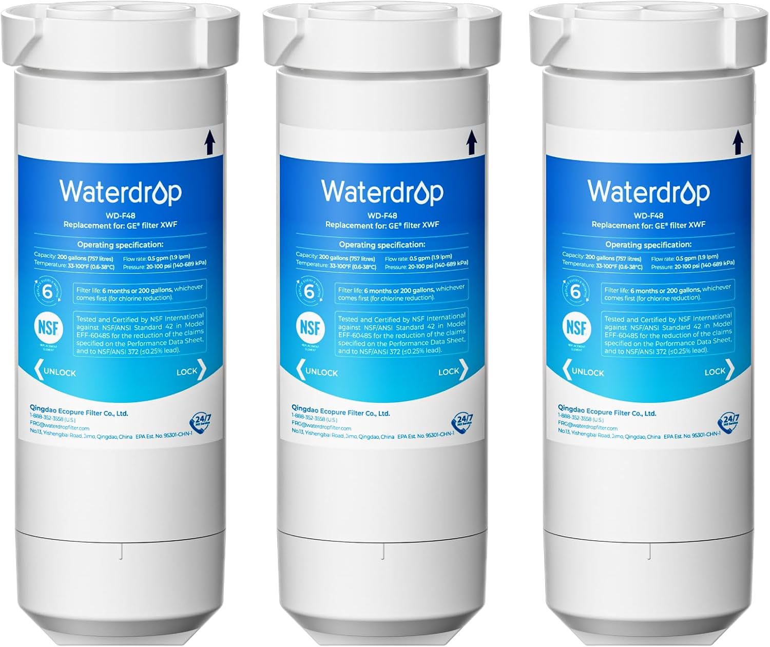 Waterdrop XWF Water Filter Replacement for GE® WR17X30702, 3 Pack, No chip