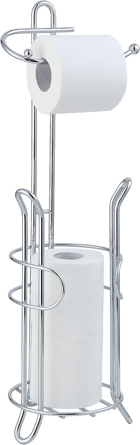 SunnyPoint Freestanding Toilet Paper Holder with Storage – Holds 3 Spare Rolls, Heavy-Duty Steel, Chrome Finish, Easy Assembly, Space-Saving Bathroom Organizer