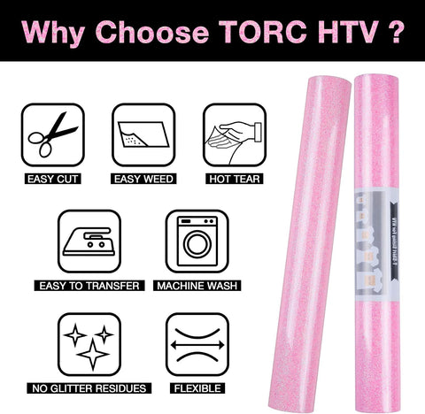TORC Pink Glitter HTV Heat Transfer Vinyl 2 Rolls Iron on Vinyl for T Shirts Crafts 12 inch x 5 ft