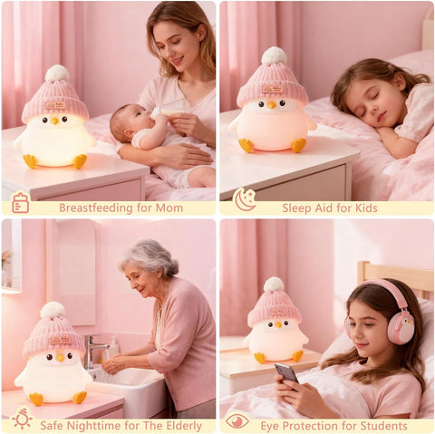 FAMIDUO Penguin Night Light,Cute Pink Penguin Lamp with Hat,Kids Room Decor