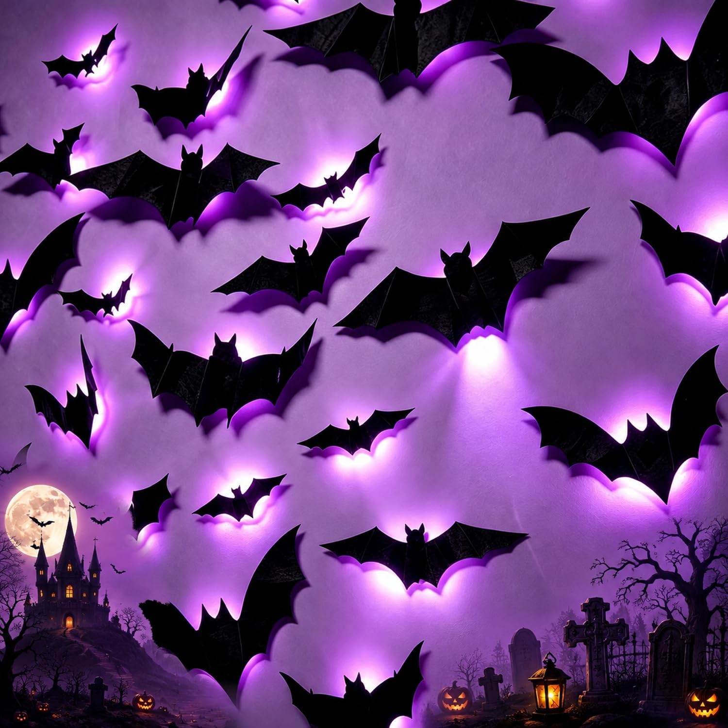 38 Pcs Halloween Decorations 3D Bats Wall Decor Indoor Outdoor Purple LED
