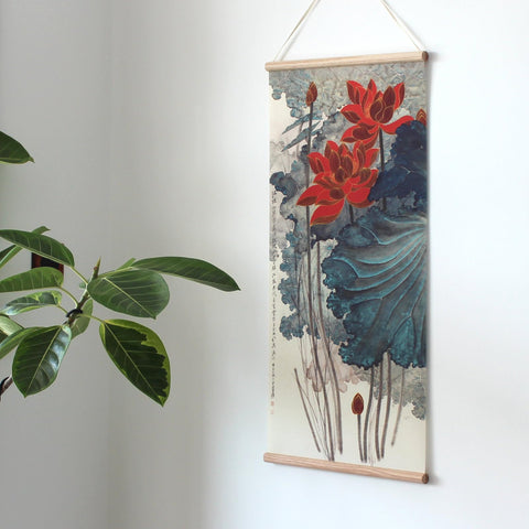 xinyuru Chinese Landscape Flower Poster,Plants Lotus Canvas Wall Art,Oak Wood Scroll Painting Decor for Bedroom Living room (Lotus 1+2, 16”x32”x2piece)