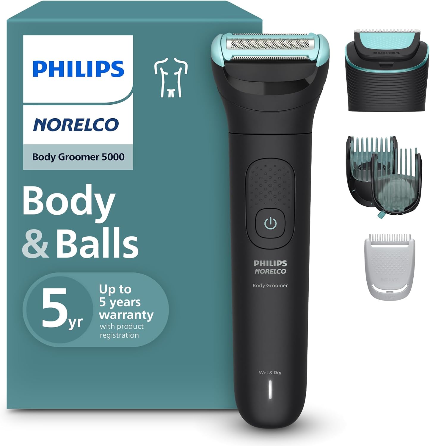 Philips Norelco Body Groomer 5000 Series, Intimate Hair Shaver & Trimmer for Men with Interchangeable & Adjustable Full Body Trim & Shave Heads, 100% Showerproof, BG5490/50