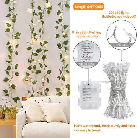 CEWOR 24 Pack 173ft Fake Ivy Vines, Artificial Ivy Garland with 200 LED String Lights, Hanging Plants Greenery Backdrop Green Leaves for Bedroom Room Wall Decor Wedding Party Table Decoration