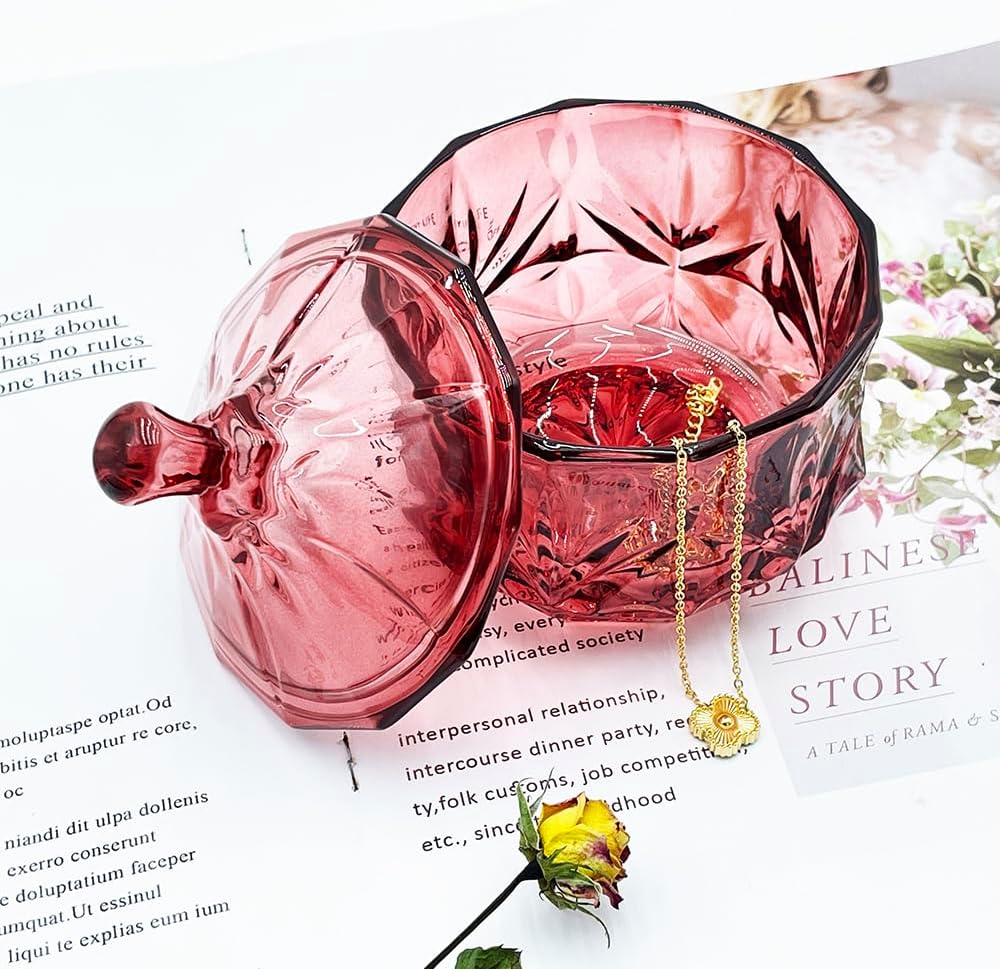 Glass Candy Cookie Jar,Small Crystal Chrismas Candy Dish with Lid,Dark Feminine Decor,Vanity Bathroom Organizer(Magenta)