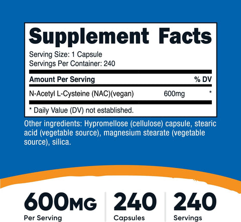 Nutricost N-Acetyl L-Cysteine (NAC) 600mg, 240 Vegetarian Capsules
