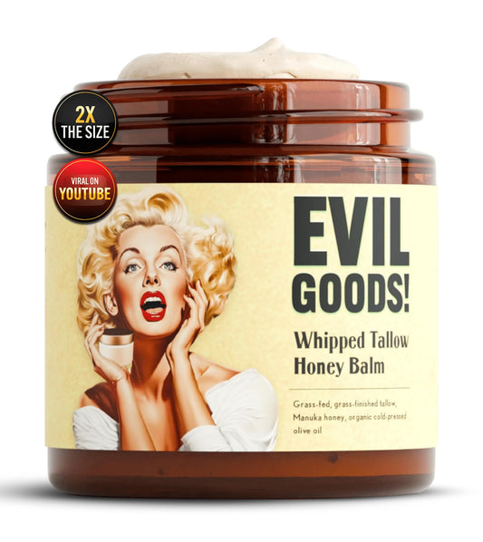 EVIL GOODS Whipped Beef Tallow and Honey Balm, 4oz, Unscented, Grass Fed Grass Finished Organic Face Cream, Moisturizer, Body Lotion, and Lip Balm