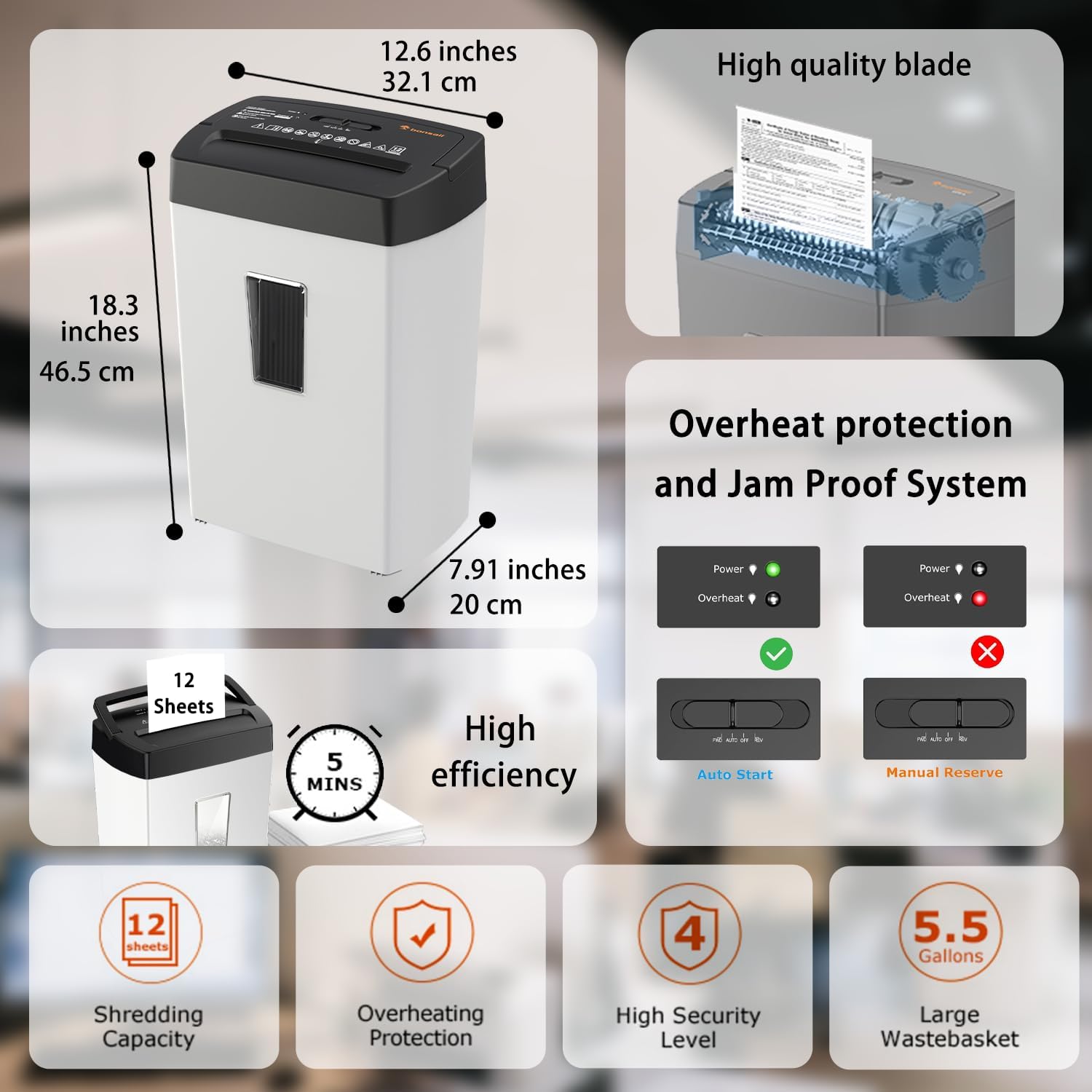 Bonsaii 12-Sheet Cross Cut Shredder, P-4 High Security, 5.5 Gal, Heavy Duty for Home Office, Shreds Paper, Credit Card, Mail, Staples, with Transparent Window, White & Black