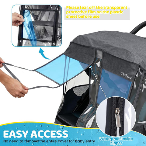 Universal Double Stroller Rain Cover, Easy Access, Durable, Gray