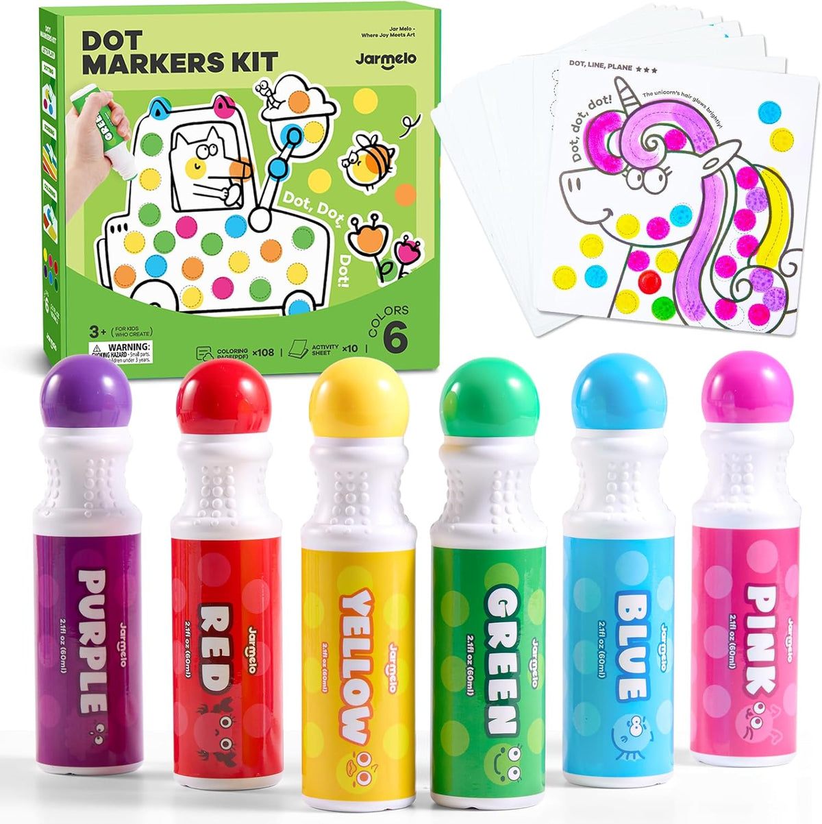 Jar Melo Washable Dot Markers for Toddlers, 6 Colors, Large 60ML