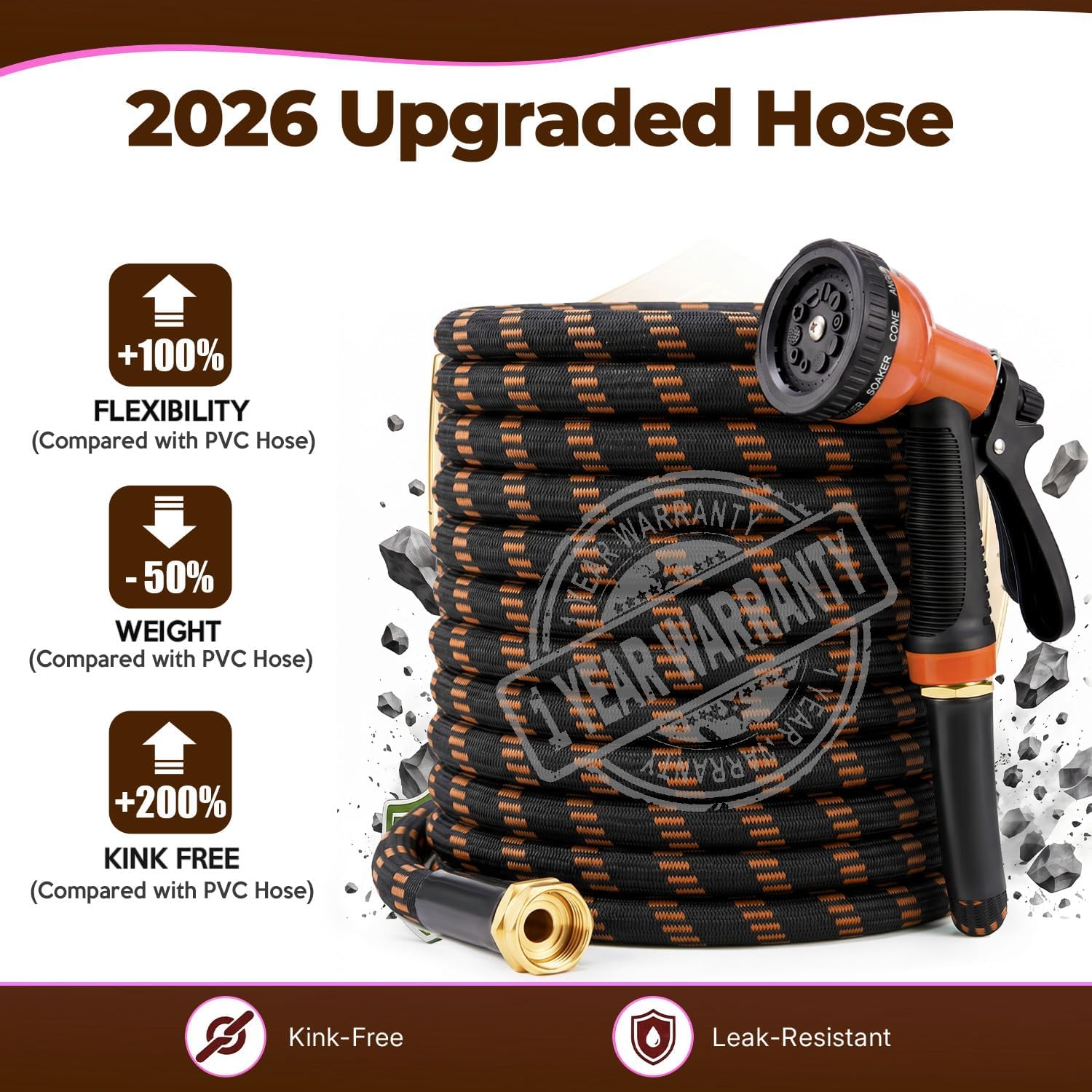 Garden Hose 50 ft, 2026 Upgraded Kink Free Flexible Water Hose 50ft With 10 Pattern Spray Nozzle, Leak-Proof, Portable, Ultra Lightweight & Durable Garden Hose for Yard, Lawn, Outdoor (Black & Orange)