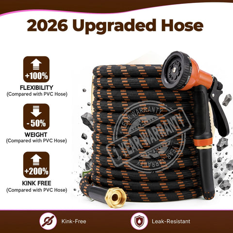 Garden Hose 50 ft, 2026 Upgraded Kink Free Flexible Water Hose 50ft With 10 Pattern Spray Nozzle, Leak-Proof, Portable, Ultra Lightweight & Durable Garden Hose for Yard, Lawn, Outdoor (Black & Orange)