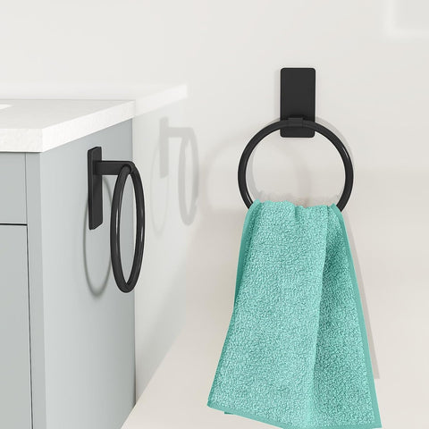 STWWO Hand Towel Holder for Bathroom, Adhesive Round Towel Ring, Black