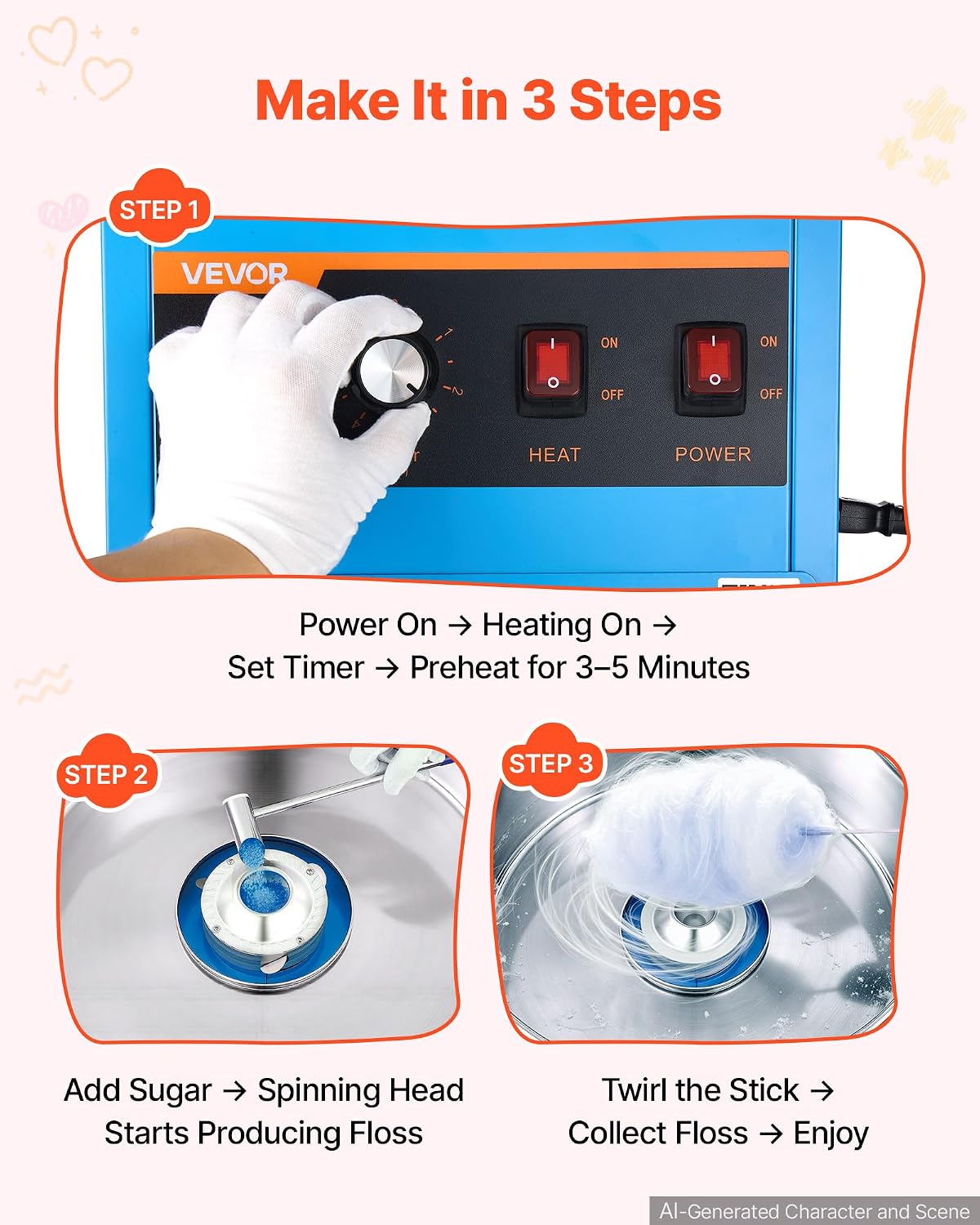VEVOR Commercial Cotton Candy Machine, 1000W Electric Candy Floss Maker