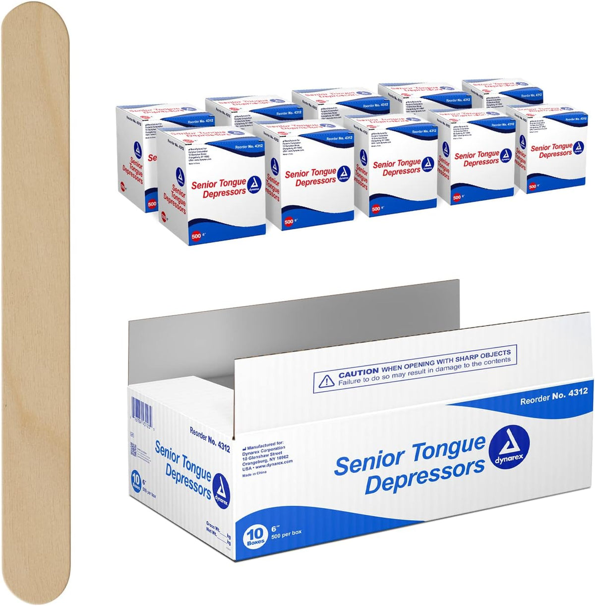 Dynarex Tongue Depressors Wood, Senior 6", Non-Sterile, with Precision Cut and Polished Smooth Edges, 1 Case (10 Boxes of 500)