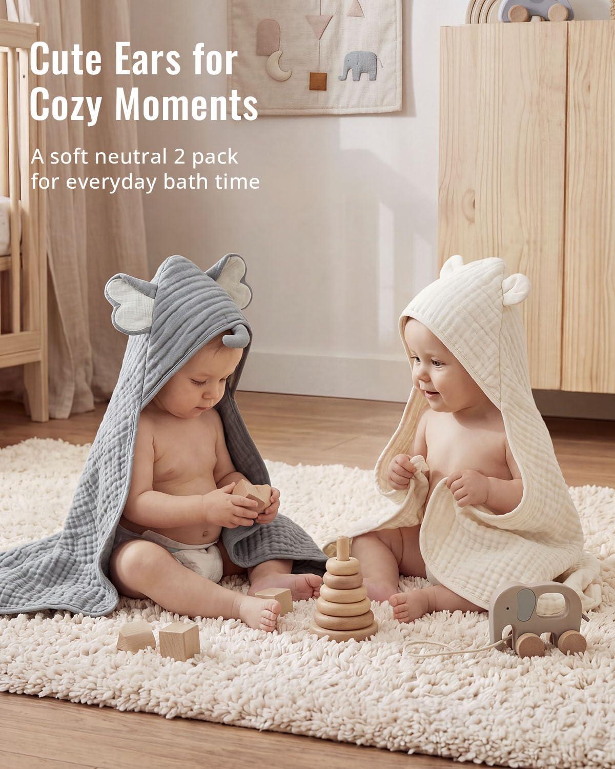 Blissful Diary Muslin Baby Hooded Towel 2 Pack, Soft & Absorbent Bath Towel for Infant, Toddler, Unisex, Baby Gift, Newborn Essentials, Gray Elephant & Beige Bear