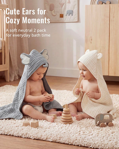 Blissful Diary Muslin Baby Hooded Towel 2 Pack, Soft & Absorbent Bath Towel for Infant, Toddler, Unisex, Baby Gift, Newborn Essentials, Gray Elephant & Beige Bear