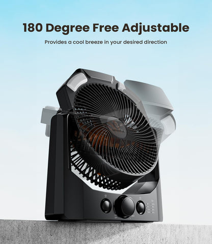 Camping Fan with LED Lantern, 8 Inch 10000mAh Battery Operated Desk Fan with Timer, High Velocity Stepless Speed Control, Quiet, 180° Rotation USB Portable Fan for Outdoor, Hurricane, Emergency