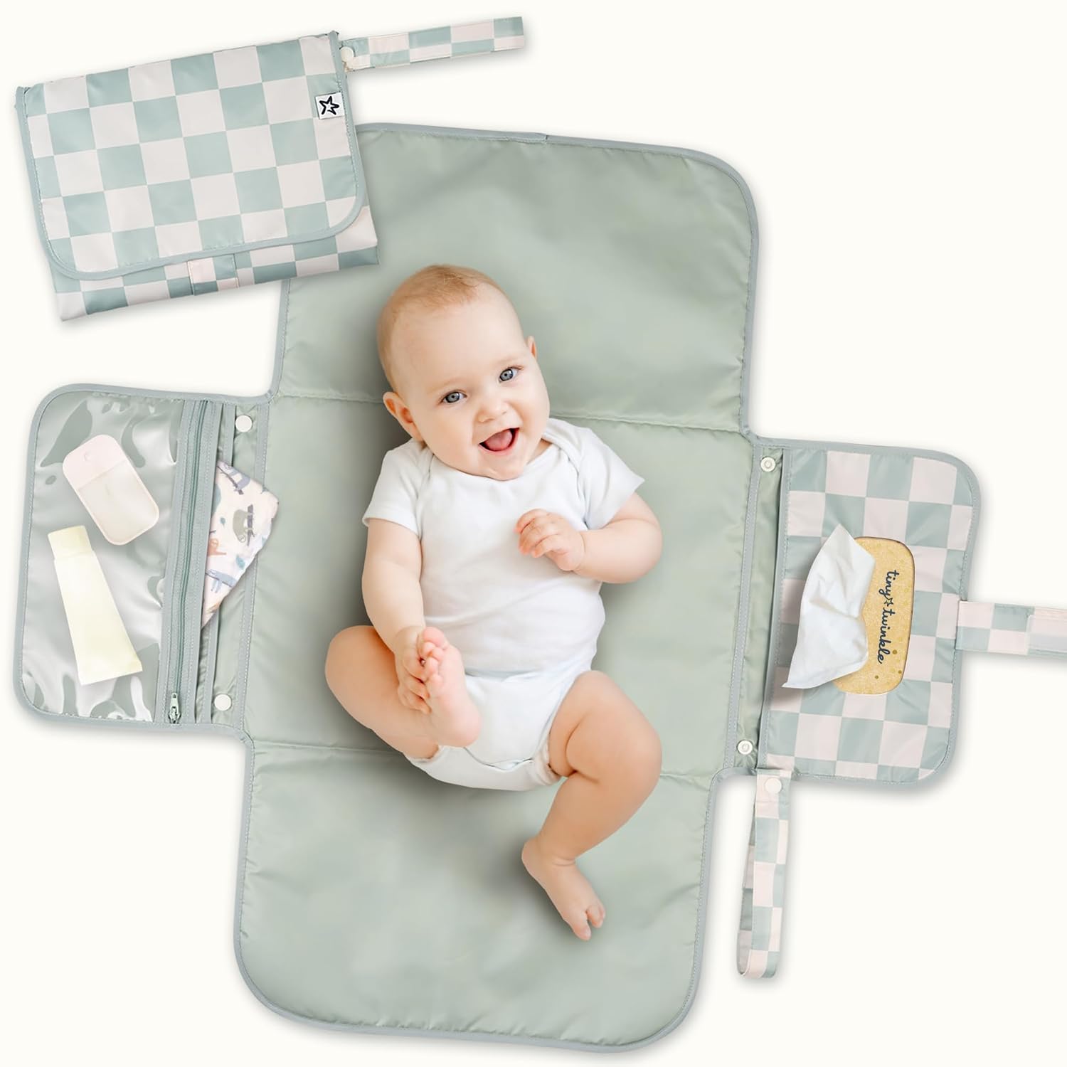 Tiny Twinkle Portable Diaper Changing Pad | Waterproof (Sage Checkers)