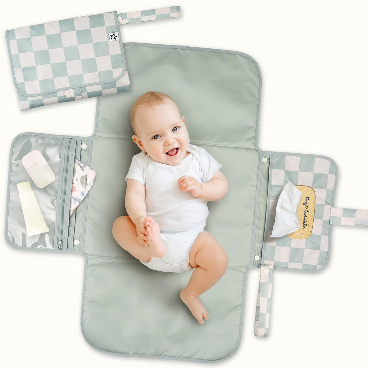 Tiny Twinkle Portable Diaper Changing Pad | Waterproof (Sage Checkers)
